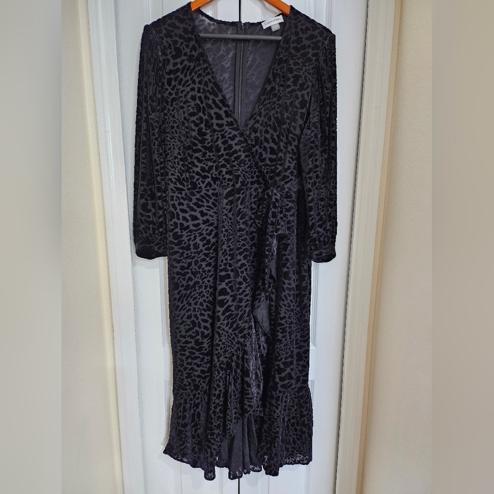 Calvin Klein Black Leopard Print Velvet Chiffon Midi Dress Long Sleeve Slit M. - Picture 8 of 11
